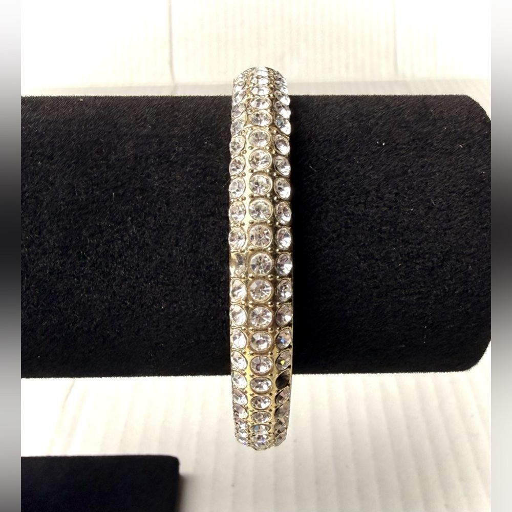 Vintage Rhinestone Bangle Bracelet 3 Rows Hinged Gold Tone‎ Classic